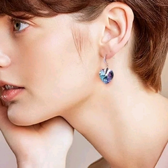 New Blue heart dangle,  rose gold earrings - Picture 2 of 4